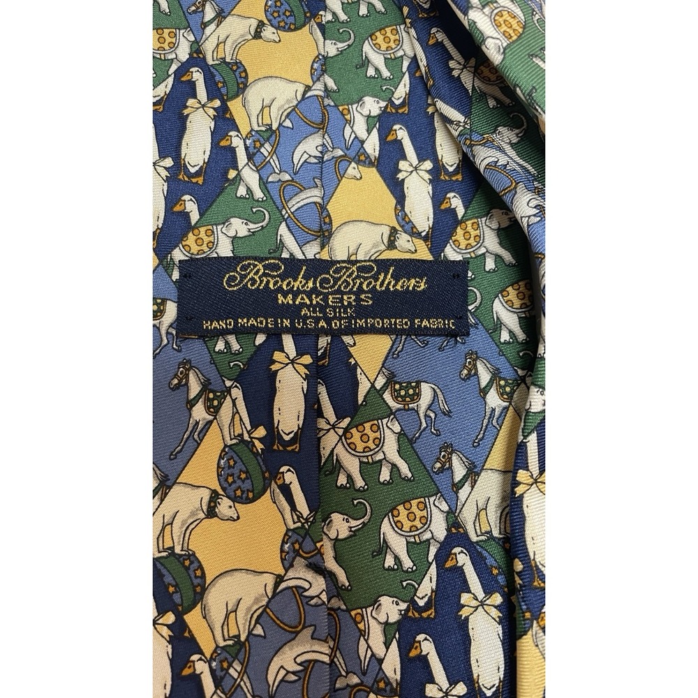 Brooks Brothers Tie Makers Silk Elephant, Goose, Polar Bear Yellow Blue Usa View 3